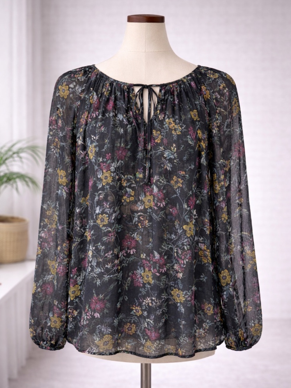 Sundance Black Sheer Floral Tie-Neck Blouse with Gold & Pink Accents
